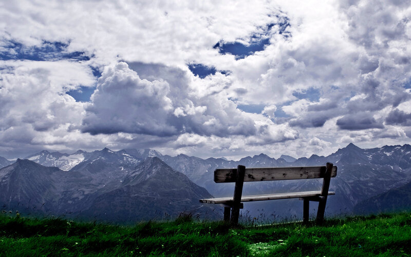 Wooden Bench in Mountains — Green, Dramatic, Afternoon