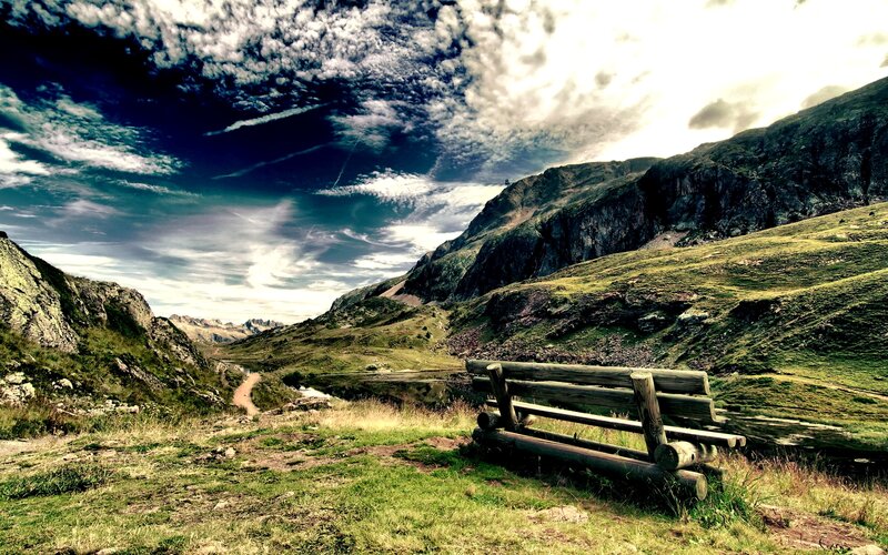 Wooden Bench in Mountains — Green, Dramatic
