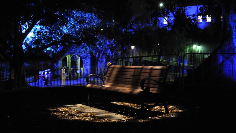 Wooden Bench in Park — Blue, Dark