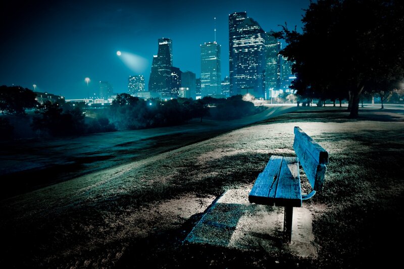 Wooden Bench in Park — Blue, Serene, Night, Photograph
