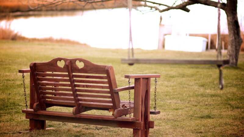 Wooden Bench in Park — Brown, Serene, Sunset