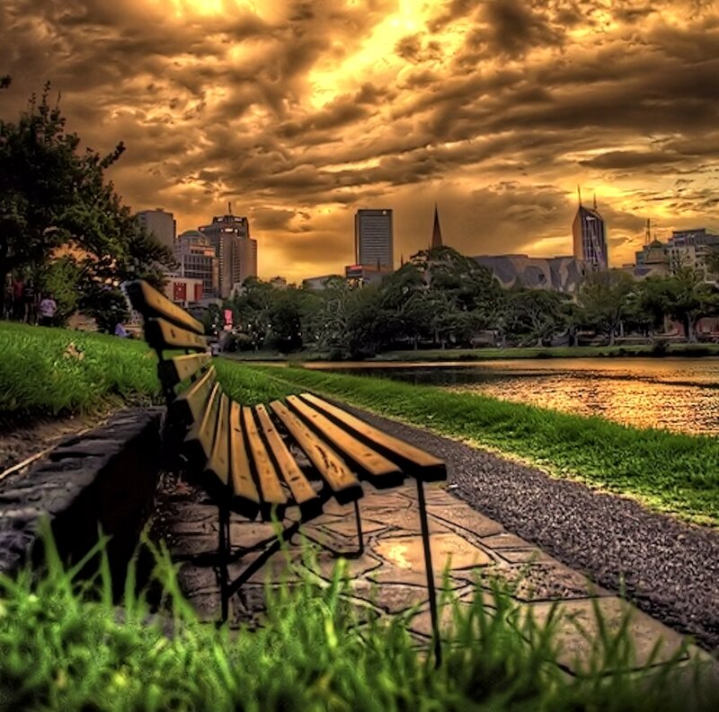 Wooden Bench in Park — Green, Dramatic, Sunset