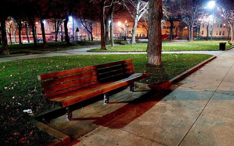 Wooden Bench in Park — Green, Quiet, Night, Photograph