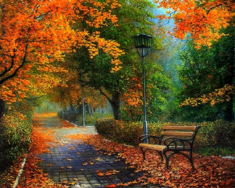 Wooden Bench in Park — Orange, Serene, Autumn, Painting, Path