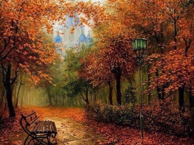 Wooden Bench in Park — Orange, Serene, Autumn, Painting