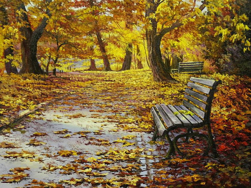 Wooden Bench in Park — Yellow, Serene, Autumn, Painting, Trees