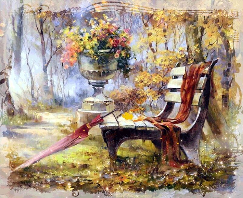 Wooden Bench in Park — Yellow, Serene, Autumn, Painting, Umbrella