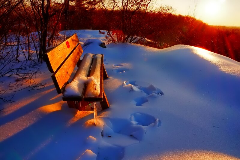 Wooden Bench in Snow — Blue, Serene, Winter, Photograph