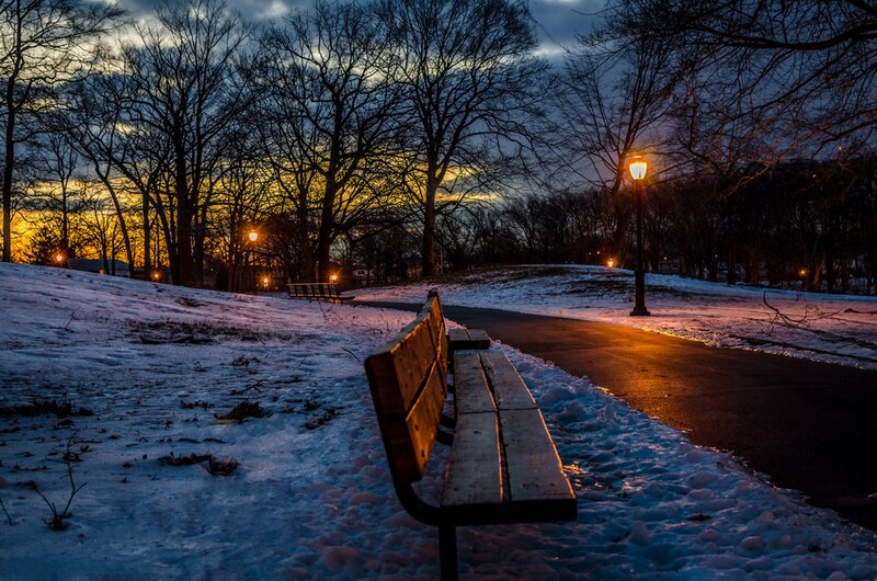 Wooden Bench in Snow — Blue, Serene, Winter