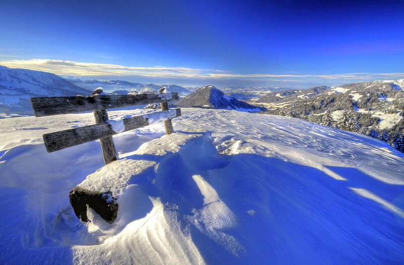 Wooden Bench in Snow — Blue