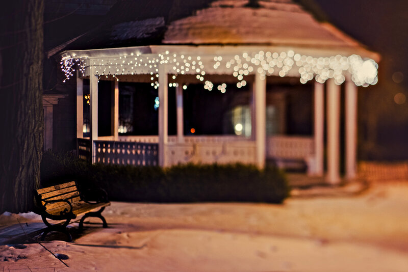 Wooden Bench in Snow — White, Serene, Night