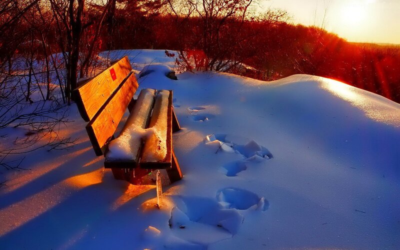 Wooden Bench in Snow — White, Serene, Sunset