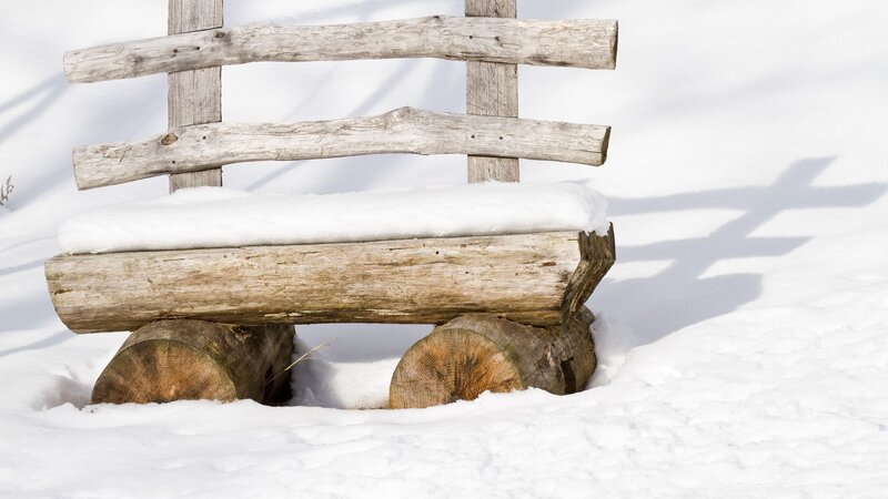 Wooden Bench in Snow — White, Serene, Winter, Photograph, Logs