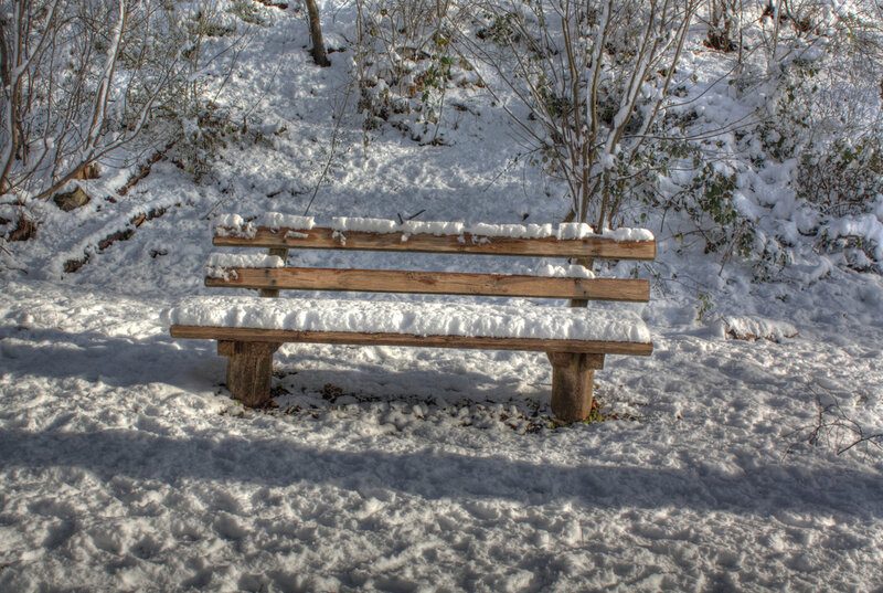 Wooden Bench in Snow — White, Serene, Winter