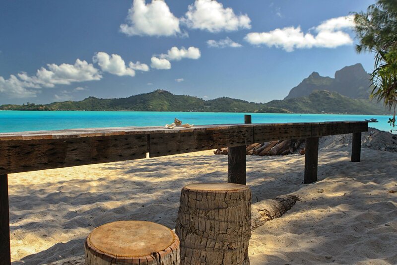 Wooden Bench on Beach — Blue, Serene, Afternoon