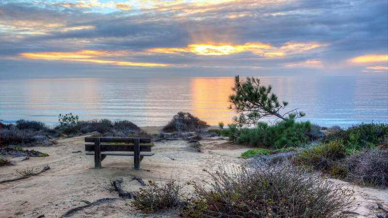 Wooden Bench on Beach — Blue, Serene, Sunset