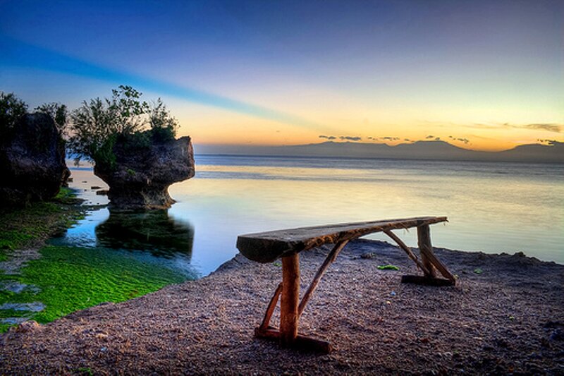 Wooden Bench on Beach — Blue, Serene