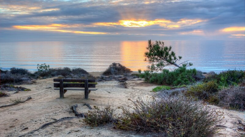 Wooden Bench on Beach — Blue