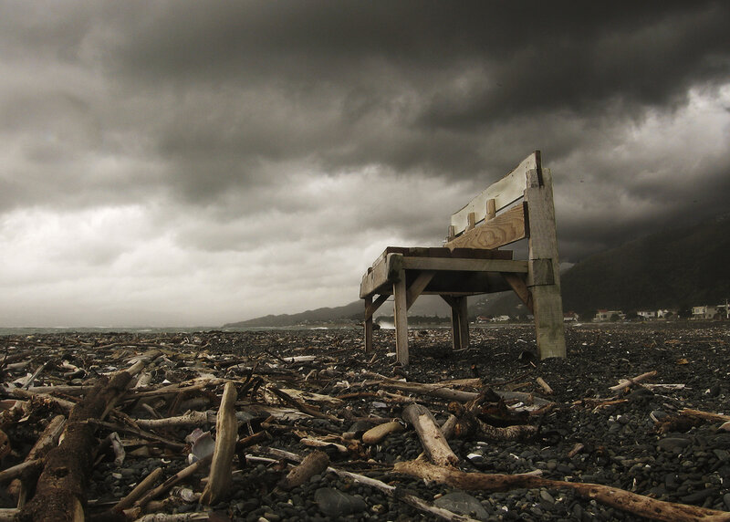 Wooden Bench on Beach — Gray