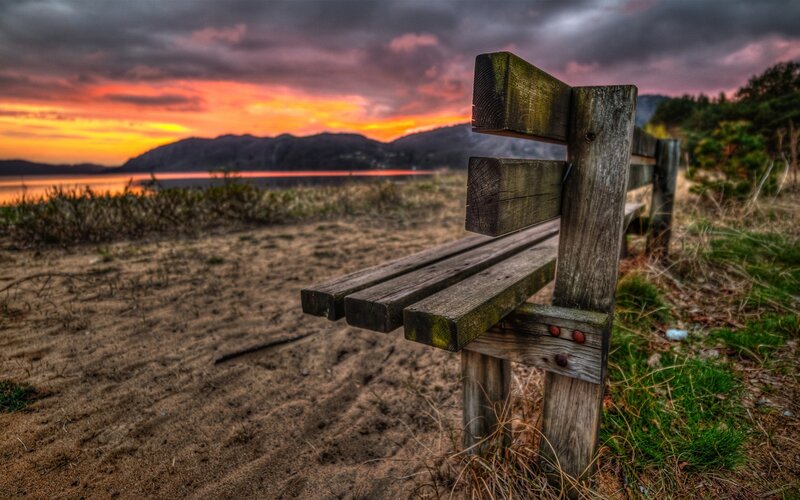 Wooden Bench on Beach — Orange, Dramatic