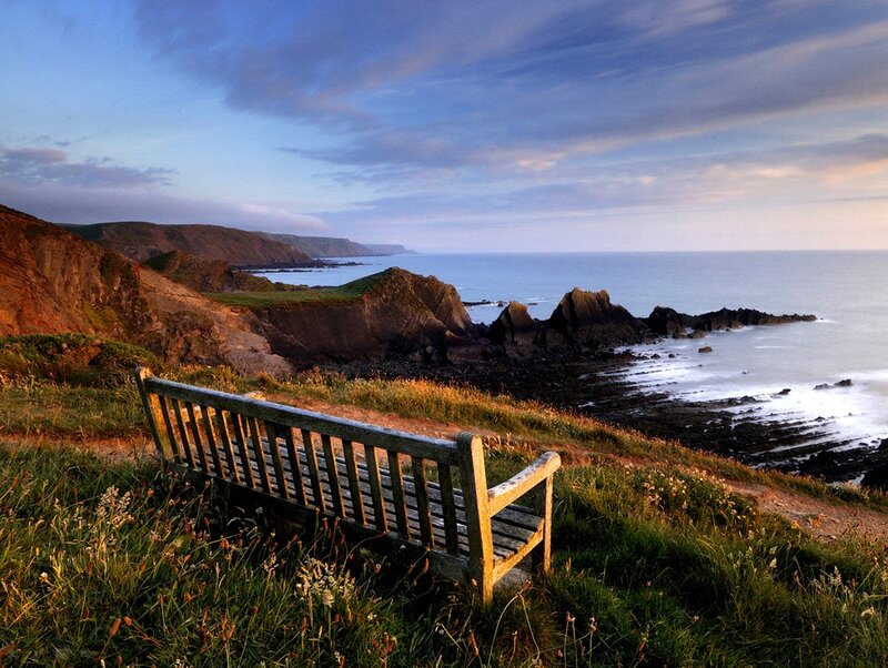 Wooden Bench on Cliff — Green, Serene, Sunset