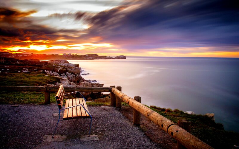 Wooden Bench on Cliff — Orange, Dramatic