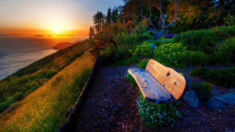 Wooden Bench on Cliff — Orange