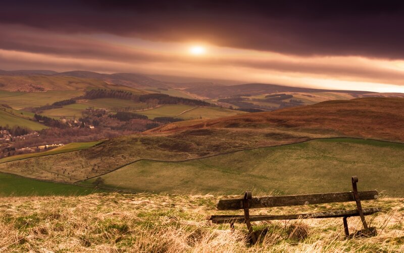 Wooden Bench on Hill — Green, Dramatic, Sunset, Photograph