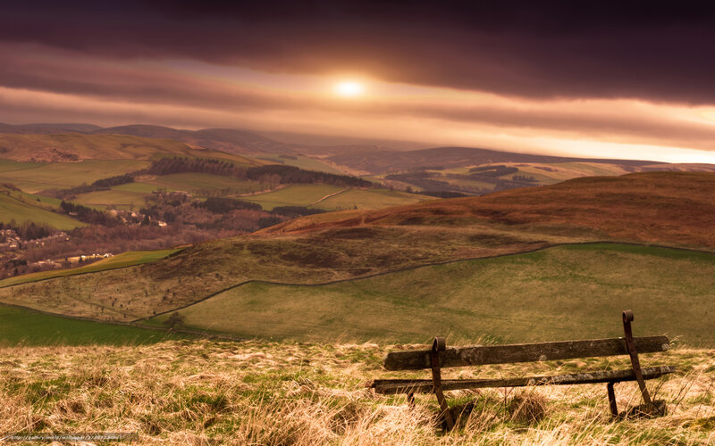 Wooden Bench on Hill — Green, Dramatic, Sunset