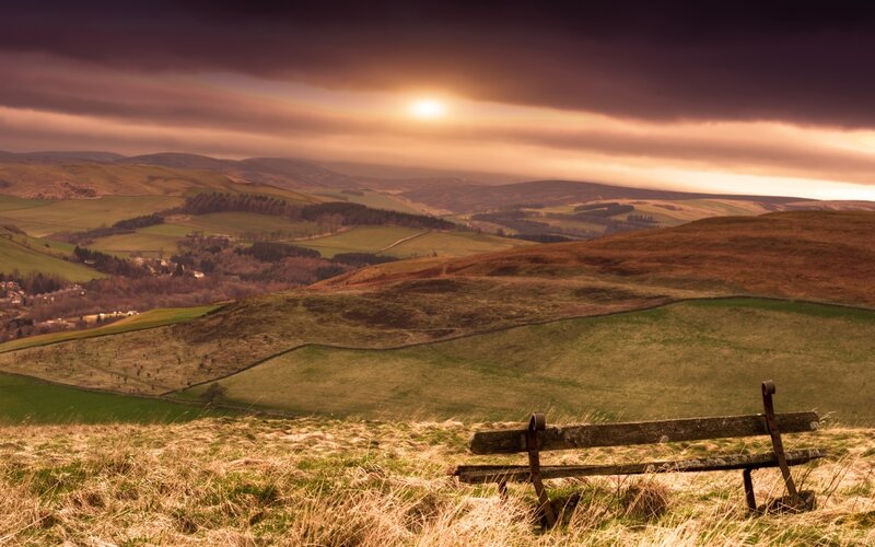Wooden Bench on Hill — Green, Dramatic