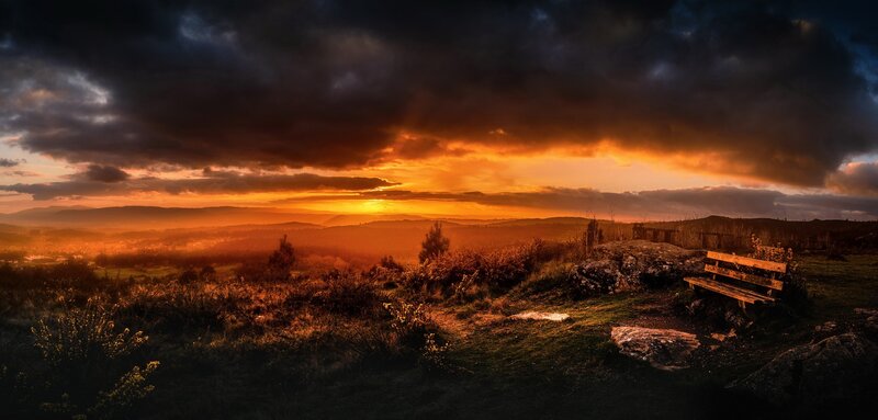 Wooden Bench on Hill — Orange