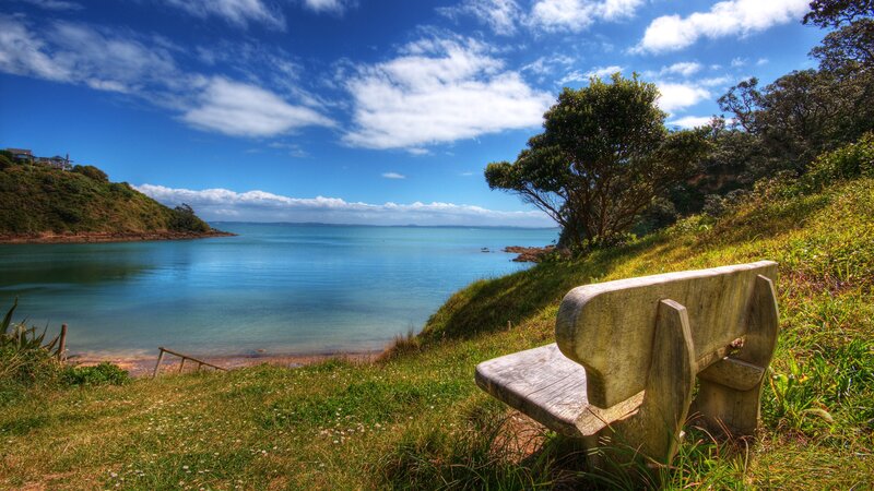 Wooden Bench on Hillside — Blue, Serene, Afternoon