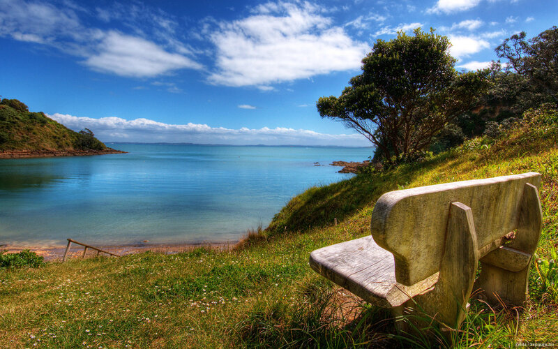 Wooden Bench on Hillside — Blue, Serene