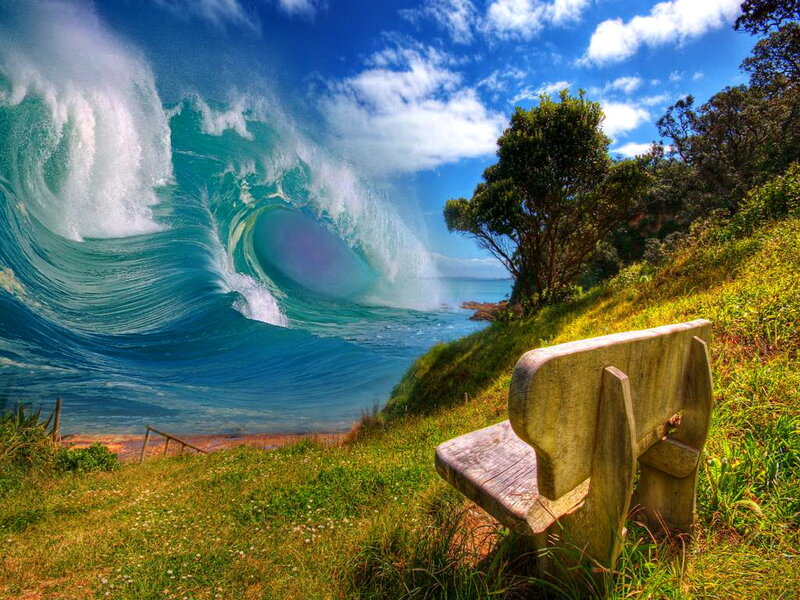 Wooden Bench on Hillside — Blue