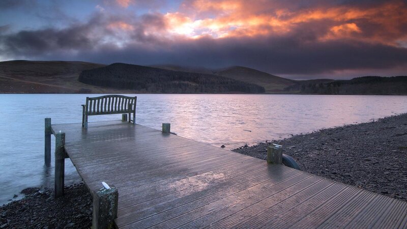 Wooden Bench on Pier — Purple