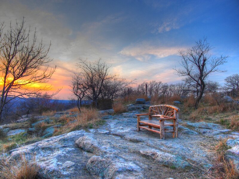 Wooden Bench on Rocks
