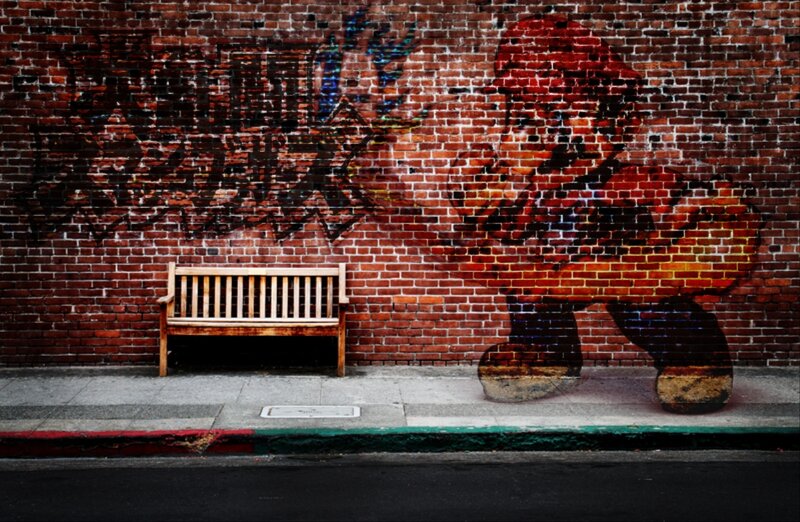 Wooden Bench on Sidewalk — Red