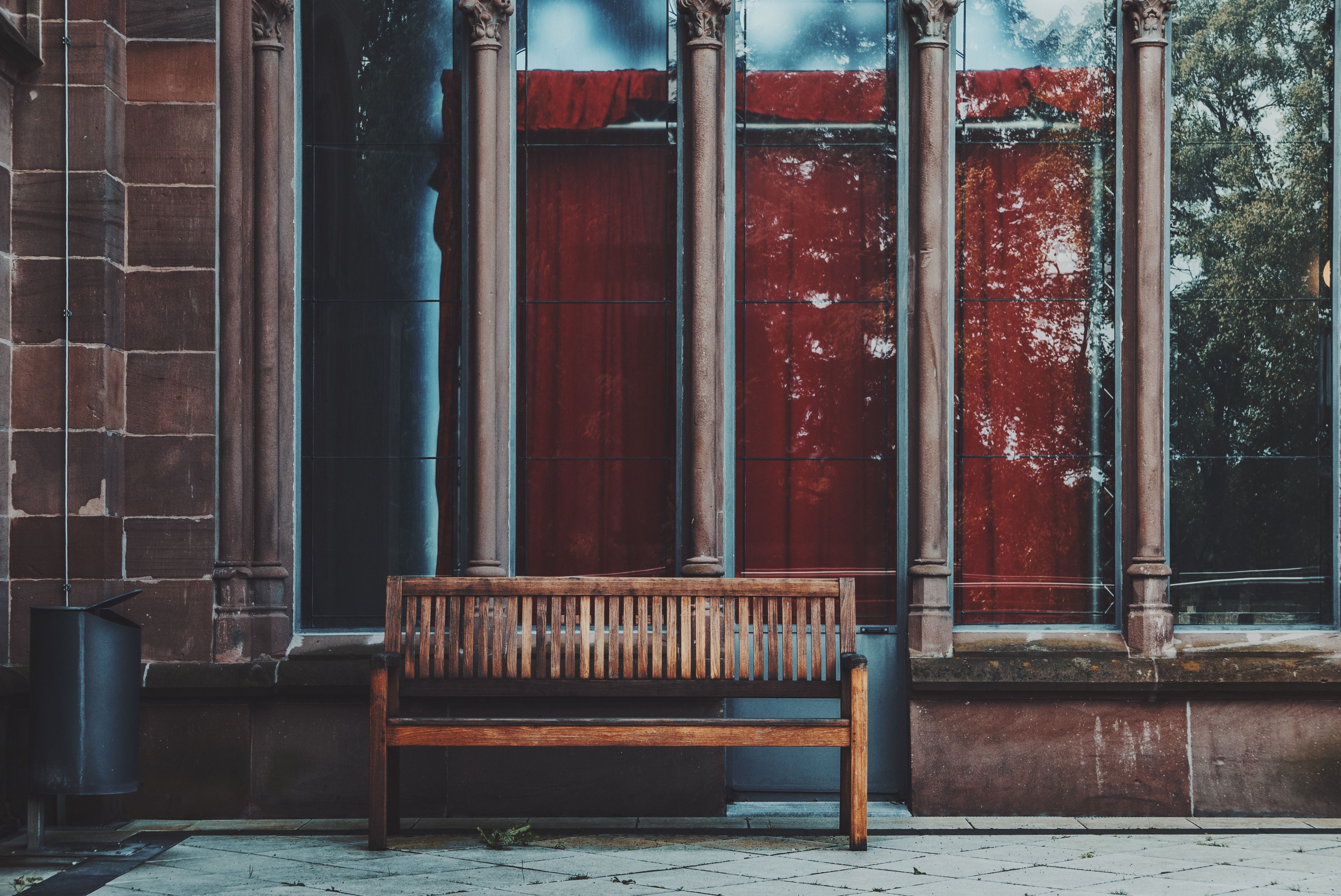Wooden bench outside a building