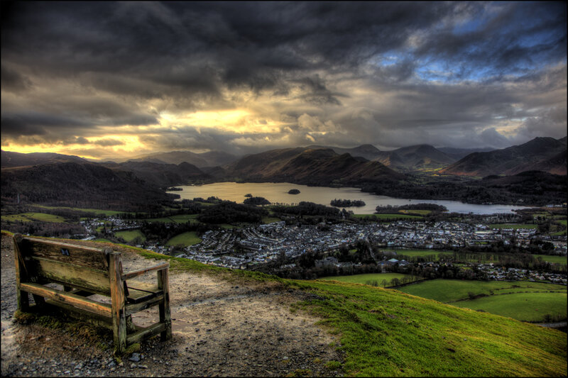 Wooden Bench Overlooking Lake — Green, Dramatic