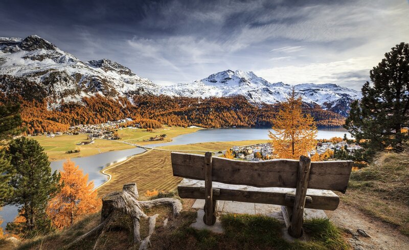 Wooden Bench Overlooking Lake — Orange