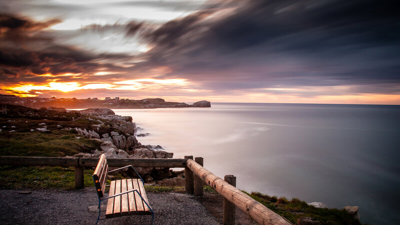 Wooden Bench Overlooking Sea — Orange