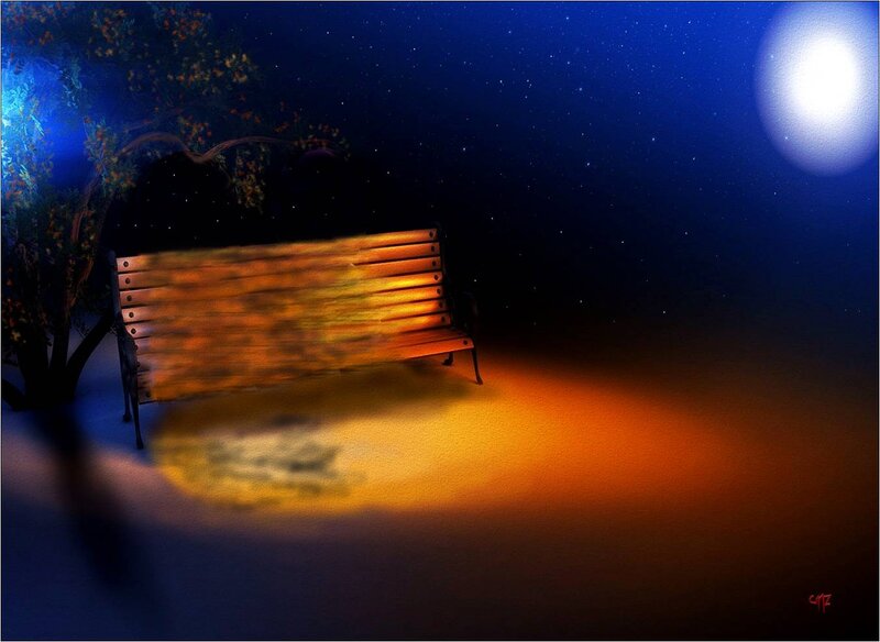 Wooden Bench under Moonlight