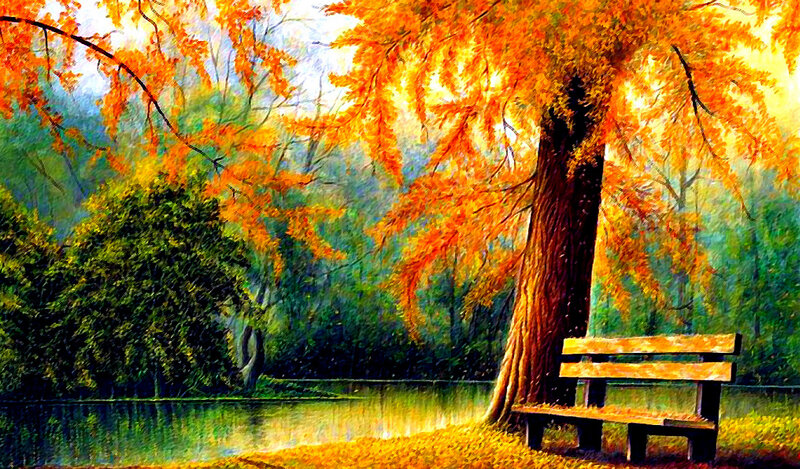 Wooden Bench under Tree — Orange, Serene, Autumn, Painting, Lake