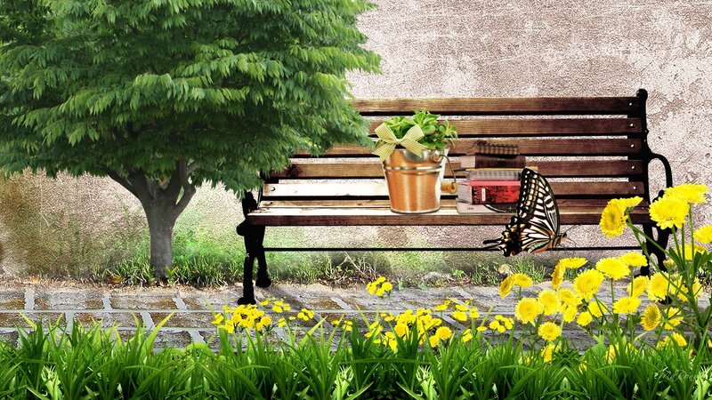 Wooden Bench with Flowers — Green