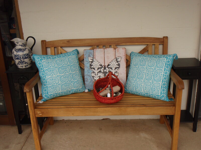 Wooden Bench with Pillows