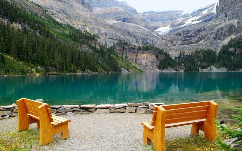 Wooden Benches by Lake — Blue, Serene