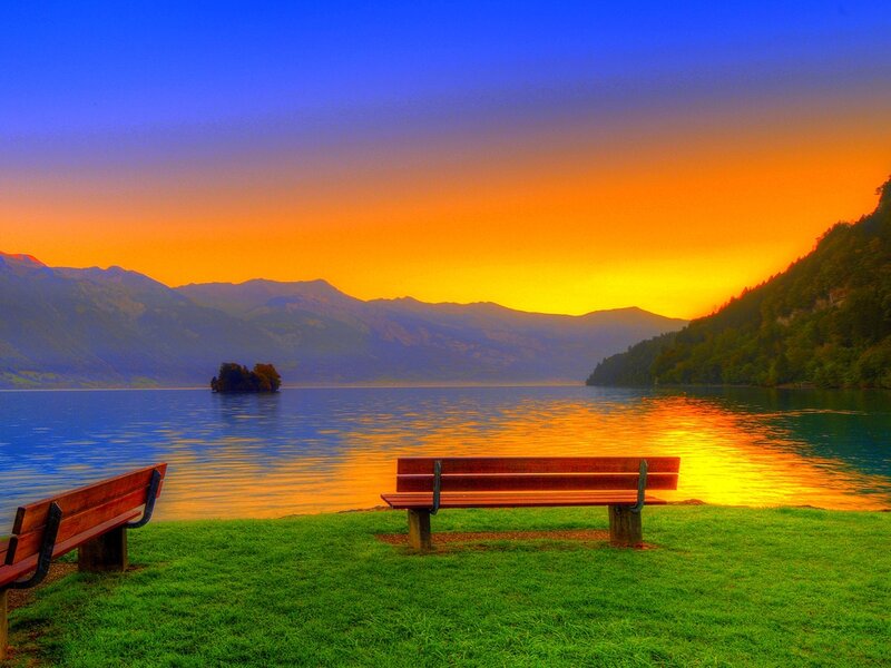 Wooden Benches by Lake — Blue