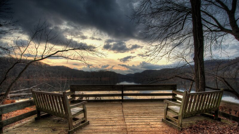 Wooden Benches by Lake — Brown, Dramatic