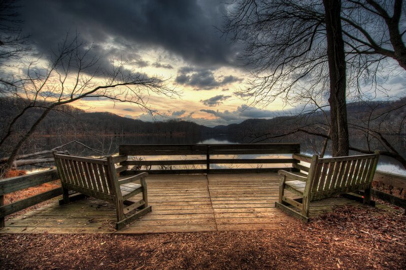 Wooden Benches by Lake — Brown