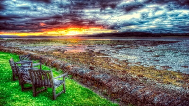 Wooden Benches by Water — Green